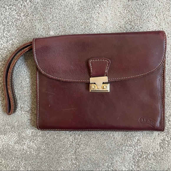 Vintage Le Sac Brown Leather Clutch Wristlet - Picture 1 of 9